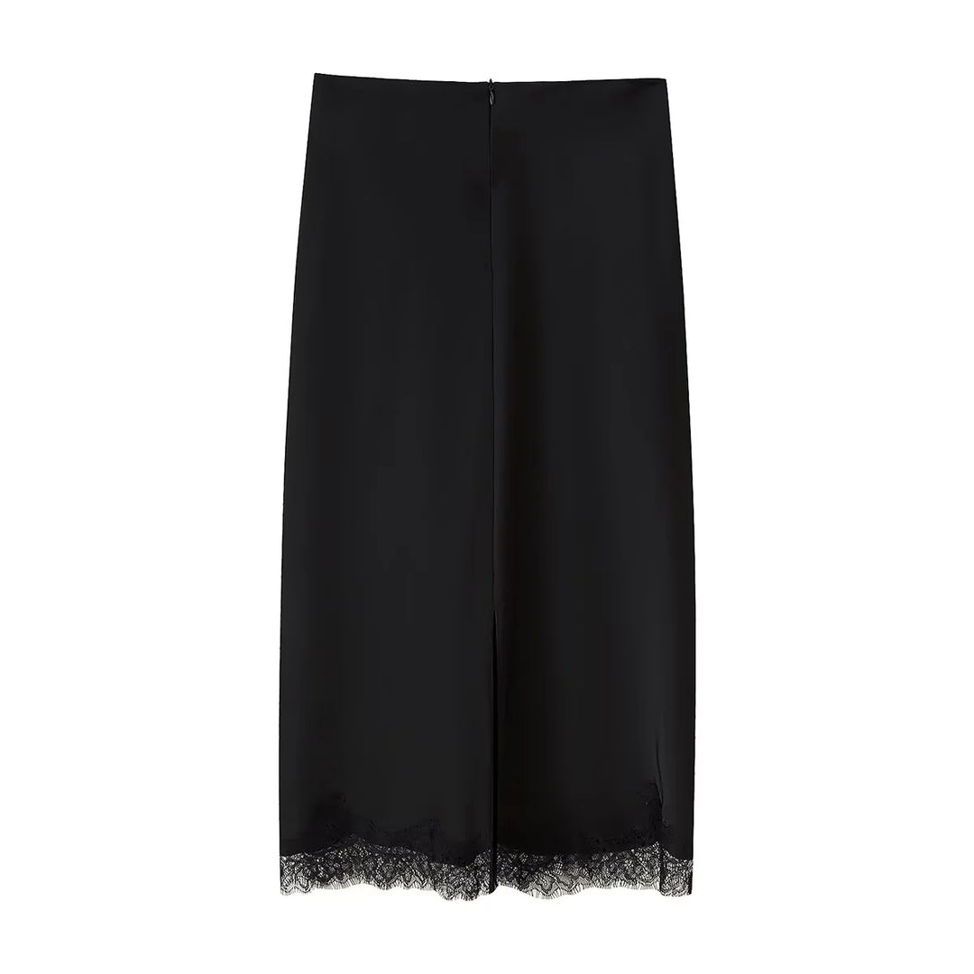 Damen nan Satin-Midirock als Unterrock mit elastischem Komfortbund und zarter Spitzenkante Echo Archiv