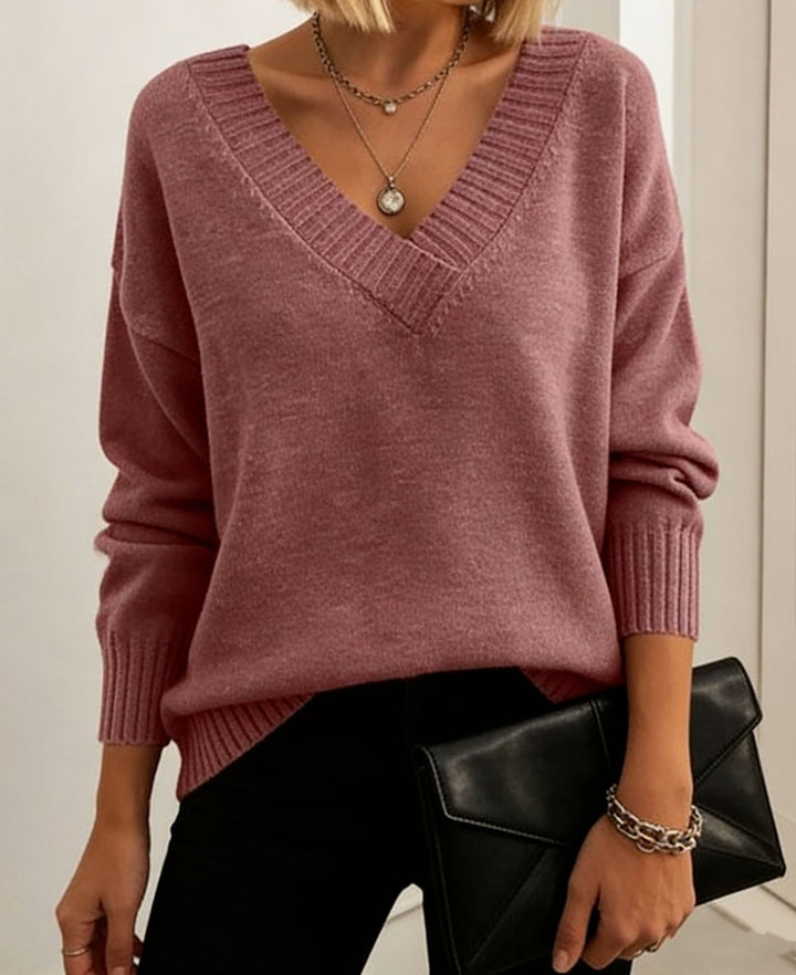 Damen Feinstrickpullover mit tiefem V-Ausschnitt und überschnittener Schulter – Mavelle