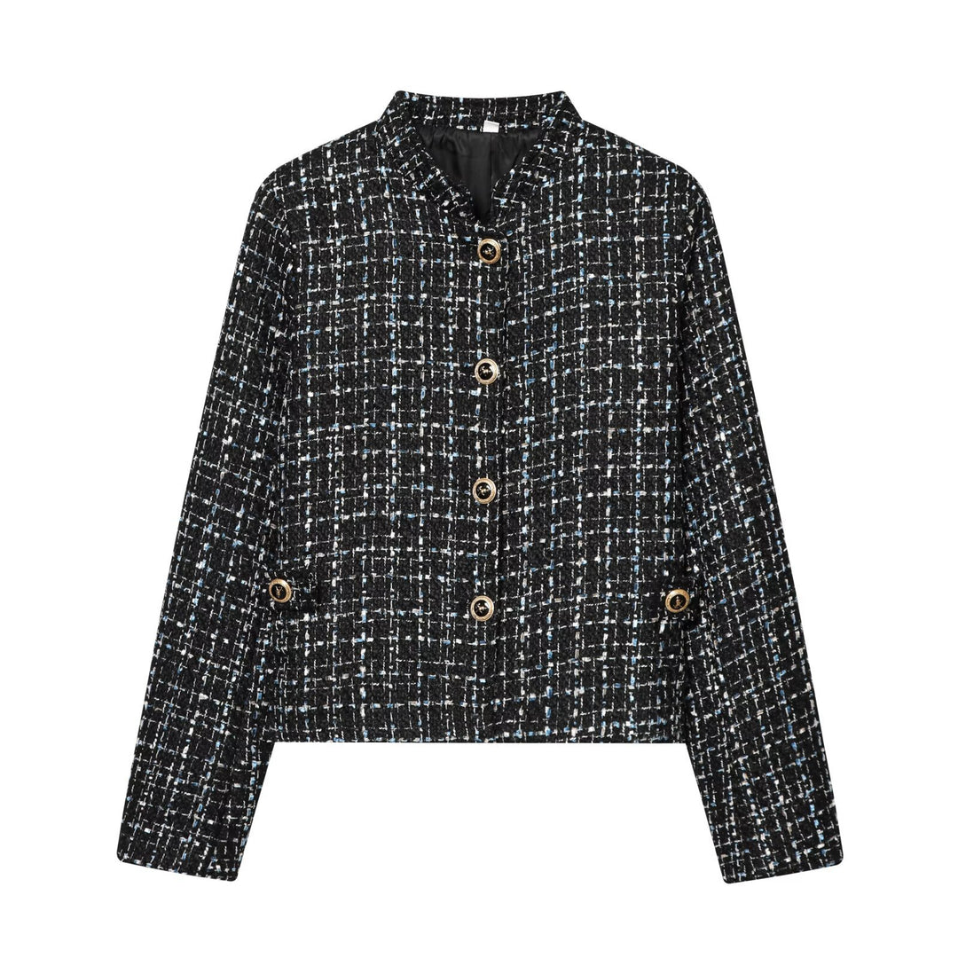 Damen Bouclé‑Tweed‑Cropped‑Jacke mit Stehkragen und goldfarbenen Schmuckknöpfen Echoarchiv