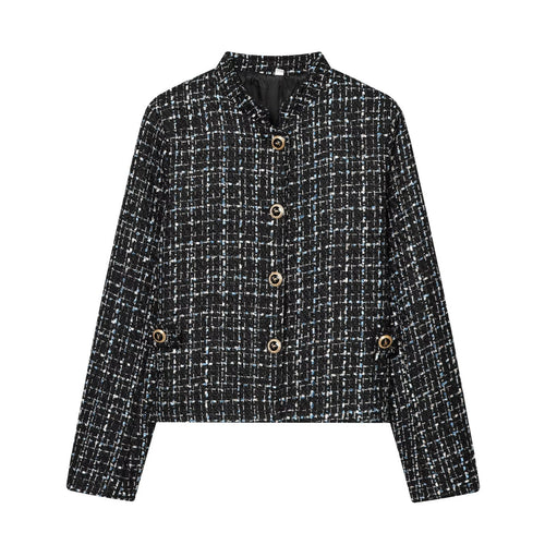Damen Bouclé‑Tweed‑Cropped‑Jacke mit Stehkragen und goldfarbenen Schmuckknöpfen Echoarchiv