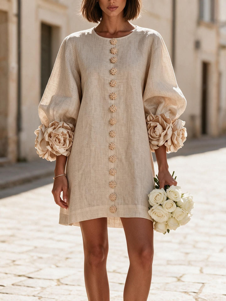 Damen Kurzkleid aus Leinen mit voluminösen Ballonärmeln und 3D-Blumenmanschetten Echoarchiv
