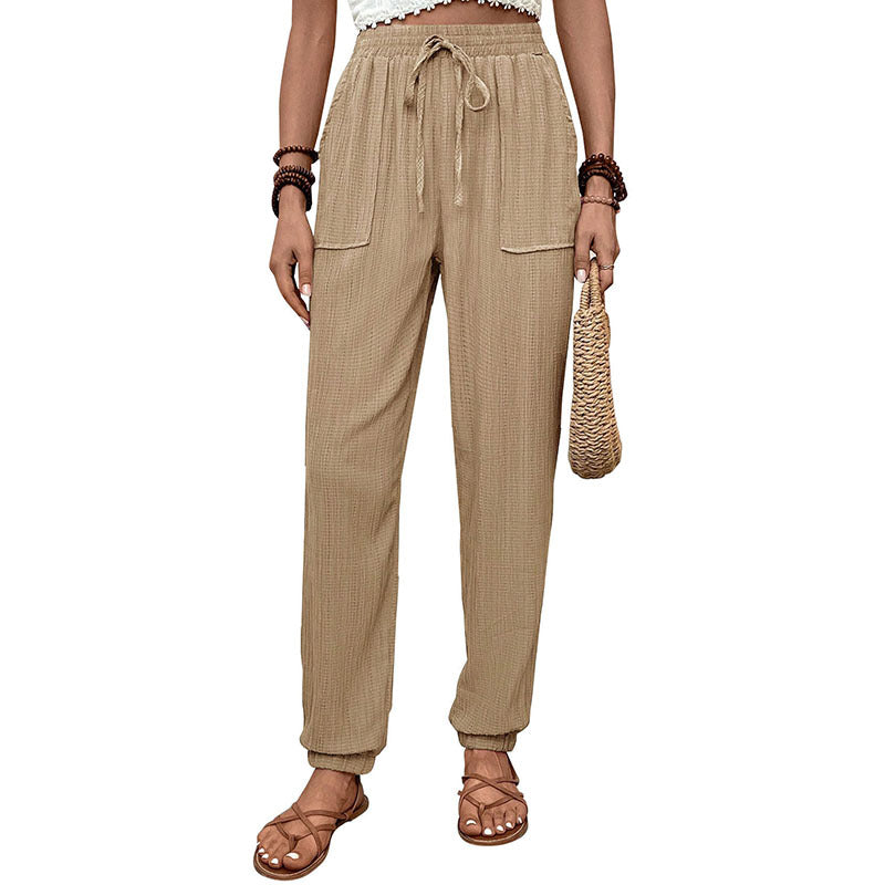 Damen Lockerer Leinenoptik-Joggerhose mit hohem Gummibund, Tunnelzug, aufgesetzten Taschen & elastischen Bündchen Echoarchiv