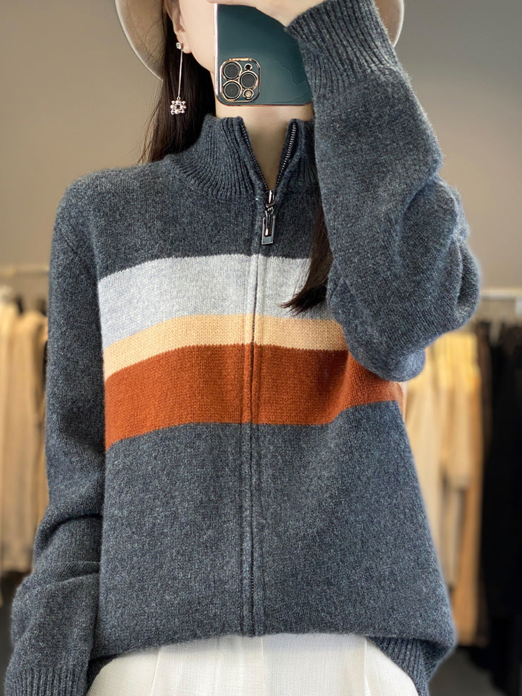 Damen Reißverschluss-Strickcardigan aus weichem Wollmix mit Blockstreifen und geripptem Saum Echoarchiv
