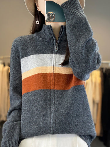 Damen Reißverschluss-Strickcardigan aus weichem Wollmix mit Blockstreifen und geripptem Saum Echoarchiv