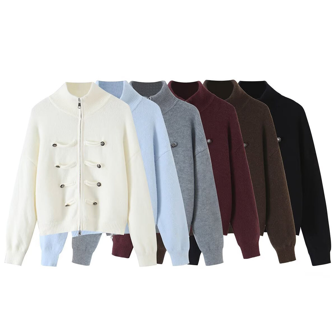 Damen Strickjacke mit Stehkragen, Reißverschluss und dekorativen Knotenblenden Echoarchiv