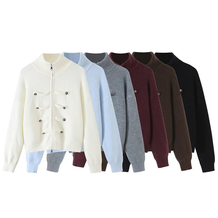 Damen Strickjacke mit Stehkragen, Reißverschluss und dekorativen Knotenblenden Echoarchiv