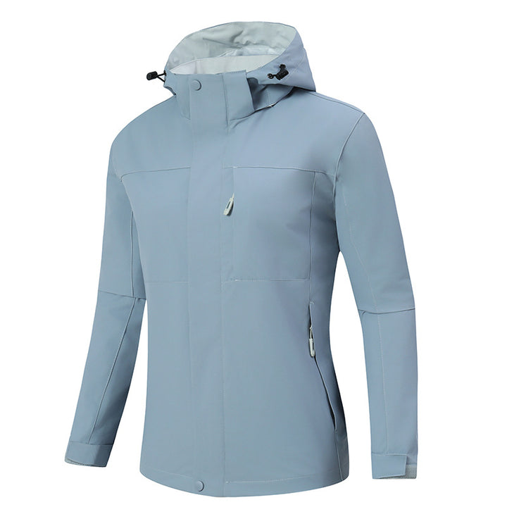 Herren Minimalistische wasserdichte Softshell‑Jacke mit kontrastfutter, verstellbarer Kapuze und verdeckten Reißverschlüssen Echoarchiv