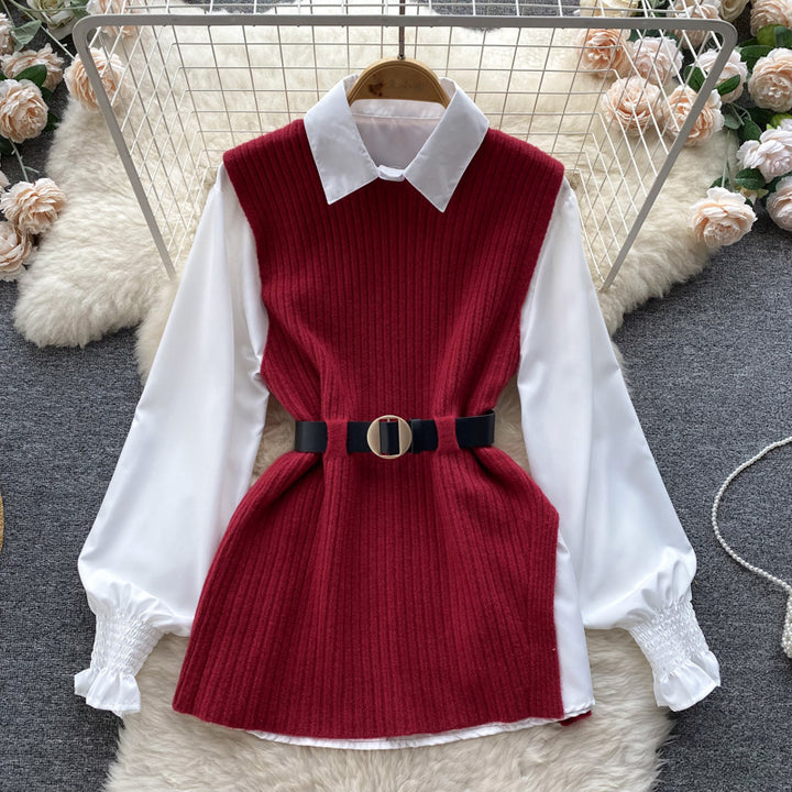 Damen Lagenlook-Bluse mit Rippstrick-Überwurf und Taillengürtel – Élovi