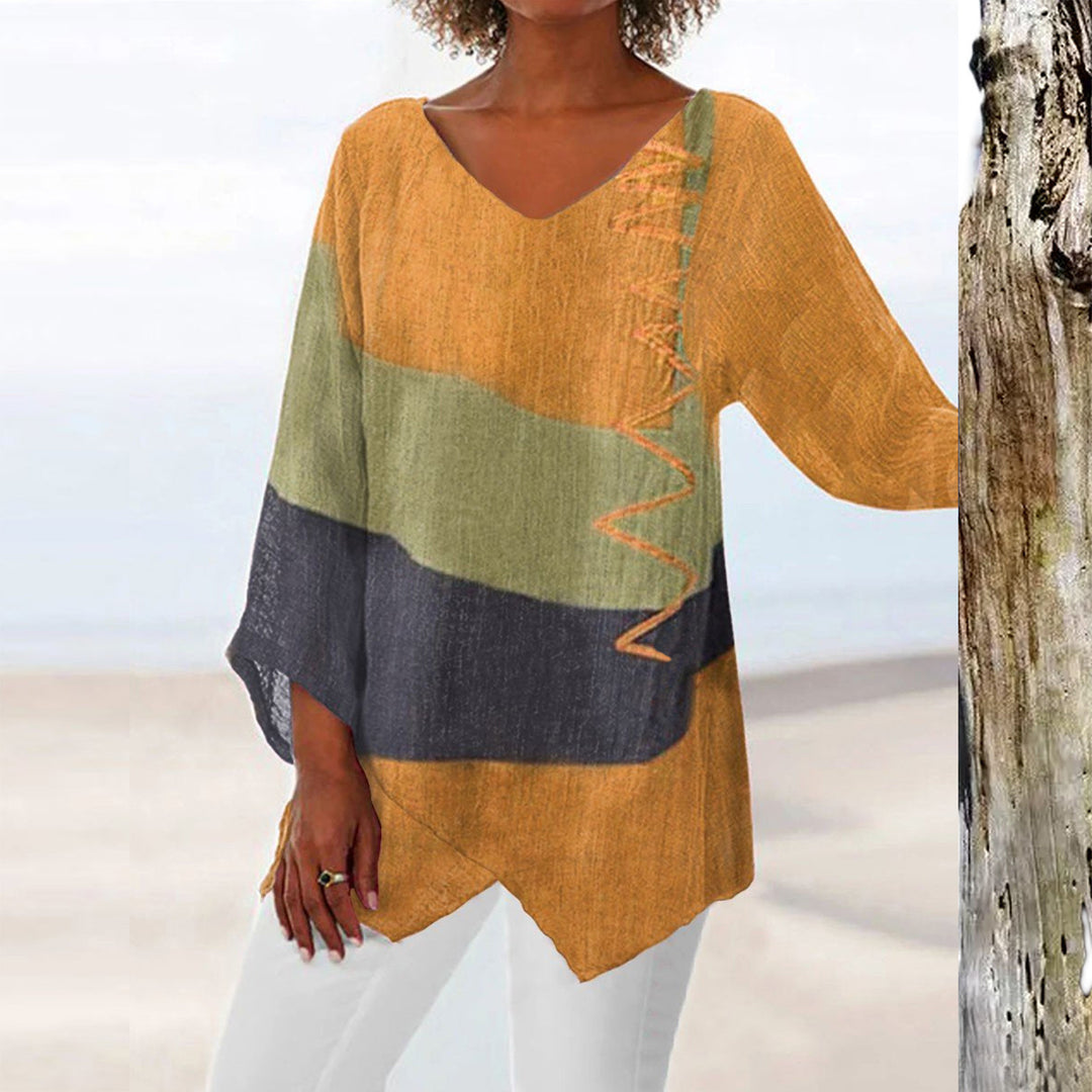 Frauen Casual A-Linien Leinenlook Tunika mit Farbblockstreifen und V-Ausschnitt – Avérine