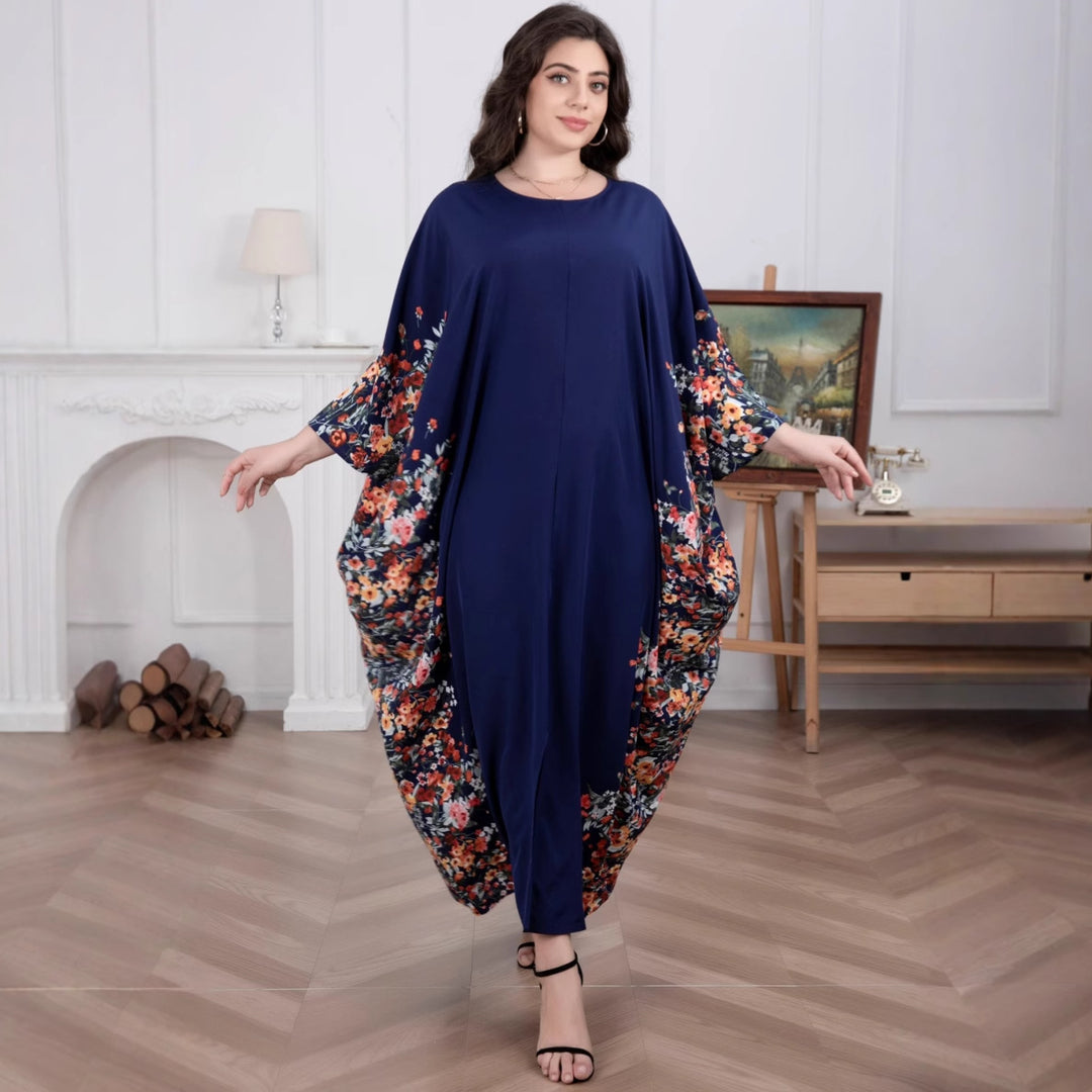 Damen Fließendes Maxikaftan-Kleid mit floralem Saum und dreiviertel Ärmeln – Valéora