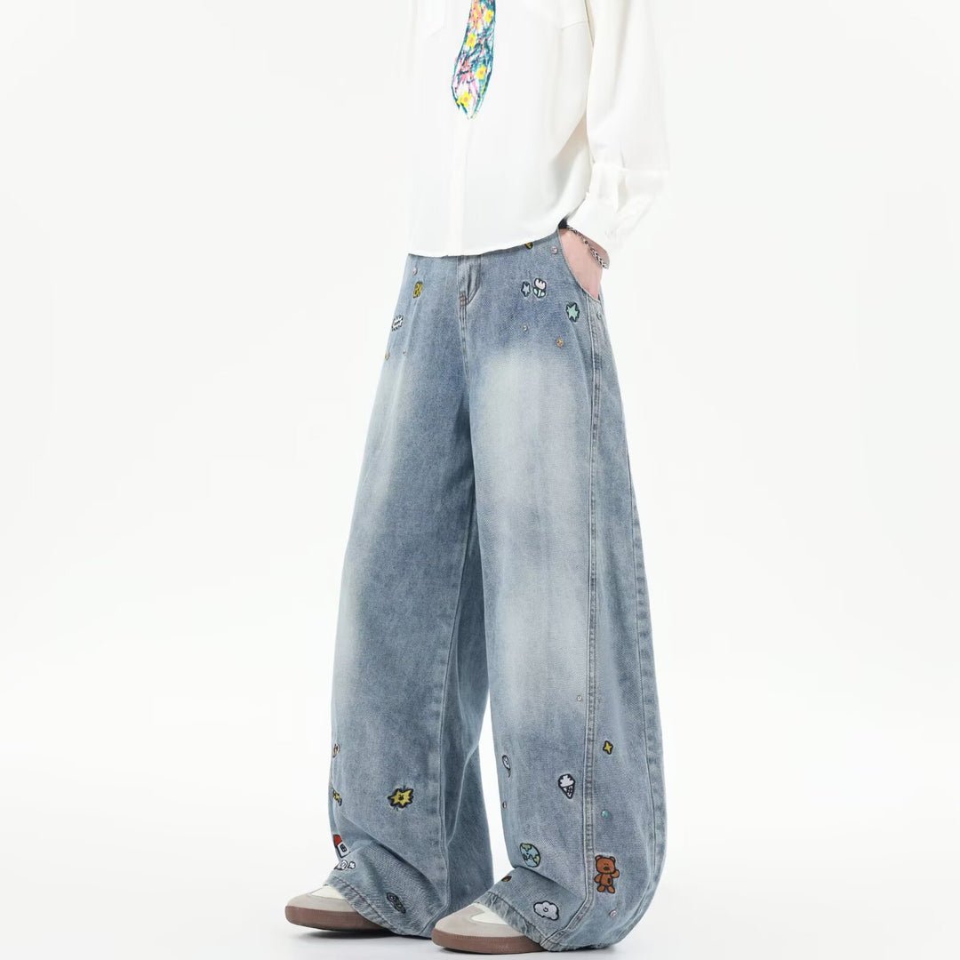 Herren Extraweite Baggy-Jeans mit verspielten Stickereien und weitem Bein Echo Archiv