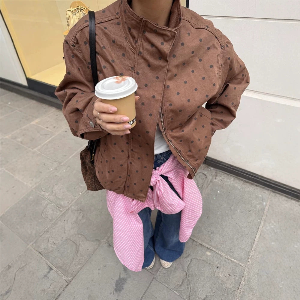 Damen Zweiteiliges Polka-Dot Loungewear-Set aus Baumwollmix mit Boxy-Jacke und hochtaillierter Weitbein-Hose Echoarchiv