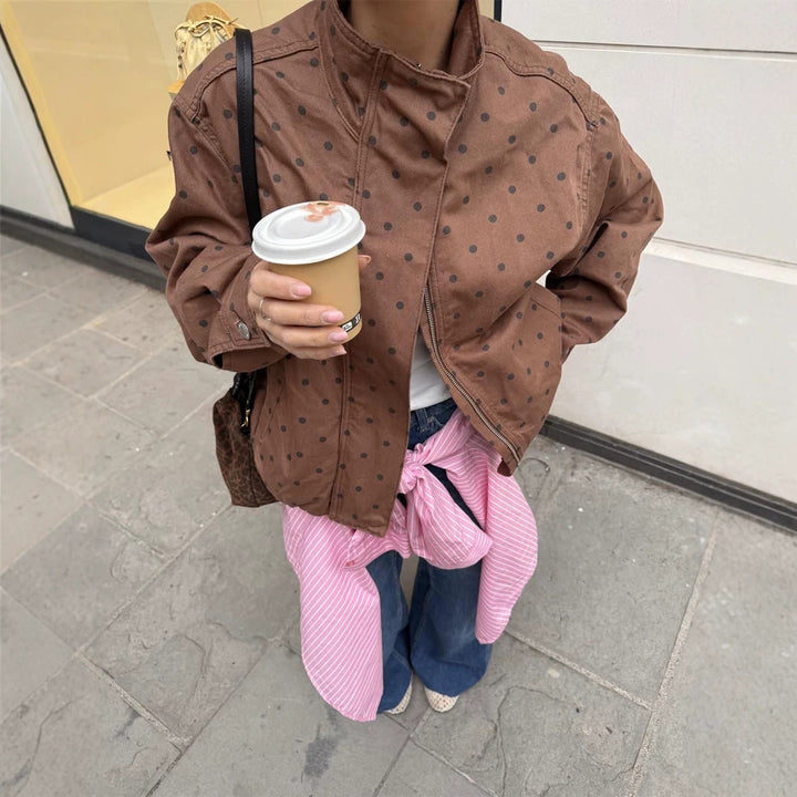 Damen Zweiteiliges Polka-Dot Loungewear-Set aus Baumwollmix mit Boxy-Jacke und hochtaillierter Weitbein-Hose Echoarchiv
