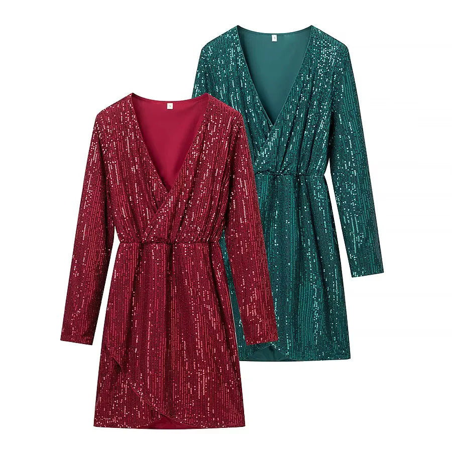 Damen Wickel-Minikleid mit Paillettenbesatz, tiefem V‑Ausschnitt und taillierendem Bindegürtel – Élara