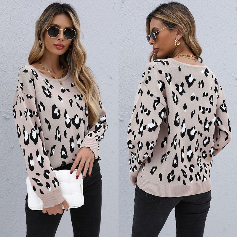 Damen Oversize-Leo-Strickpullover mit Rundhals und überschnittener Schulter Echoarchiv