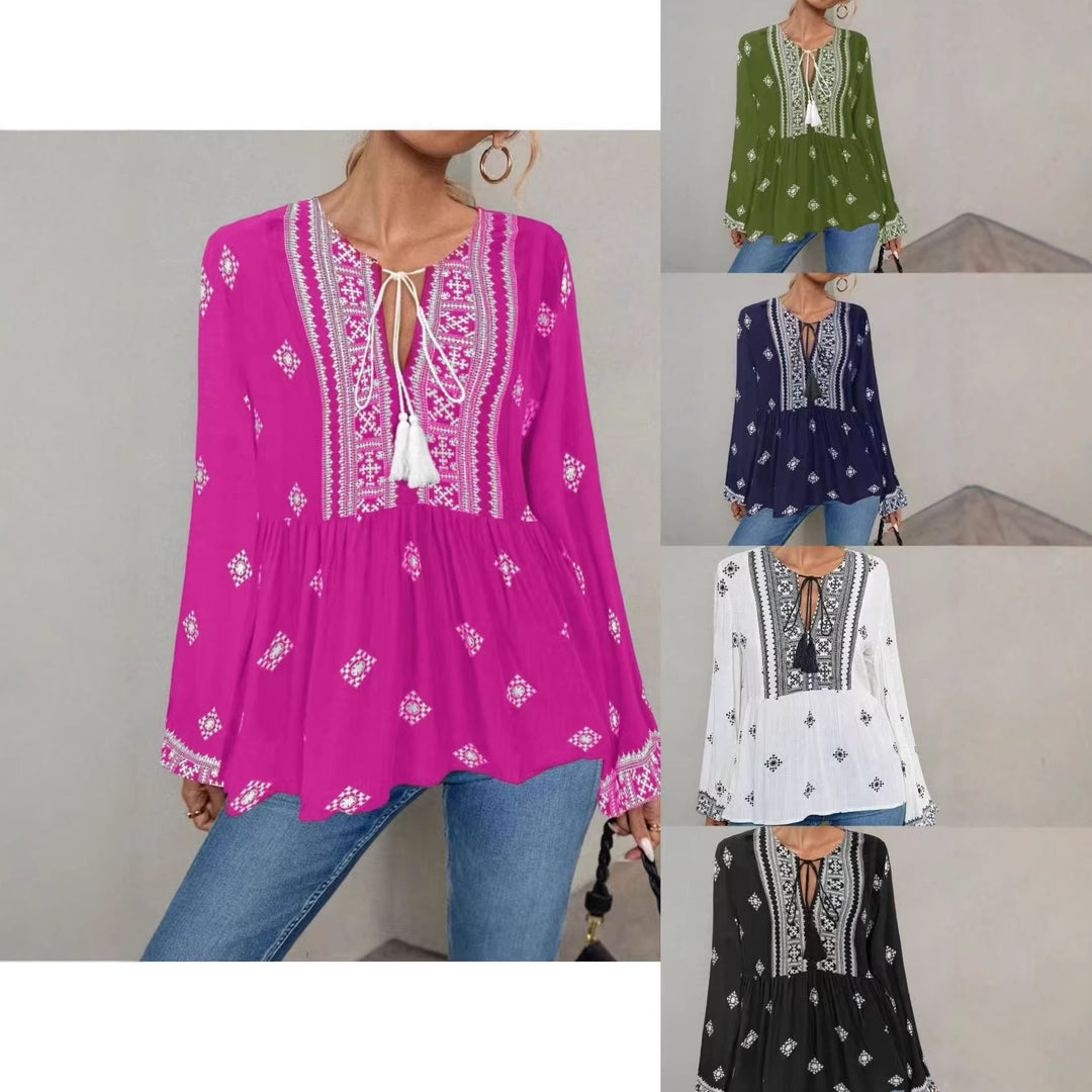 Damen Bestickte Boho-Tunika-Bluse mit Quastenbändern und stufigem Saum Echo Archiv