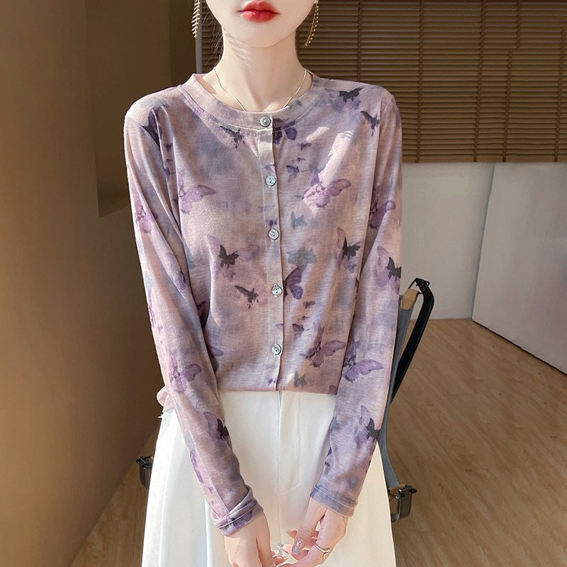 Damen Leichter Aquarell‑Print Feinstrick‑Cardigan mit Rundhalsausschnitt und Knopfleiste Echoarchiv