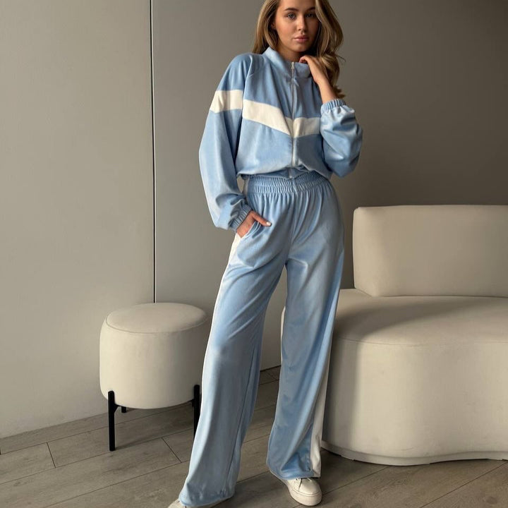 Damen Plüschiges Velours-Loungewear-Set mit Reißverschlussjacke und elastischem Taillenbund – Auréline