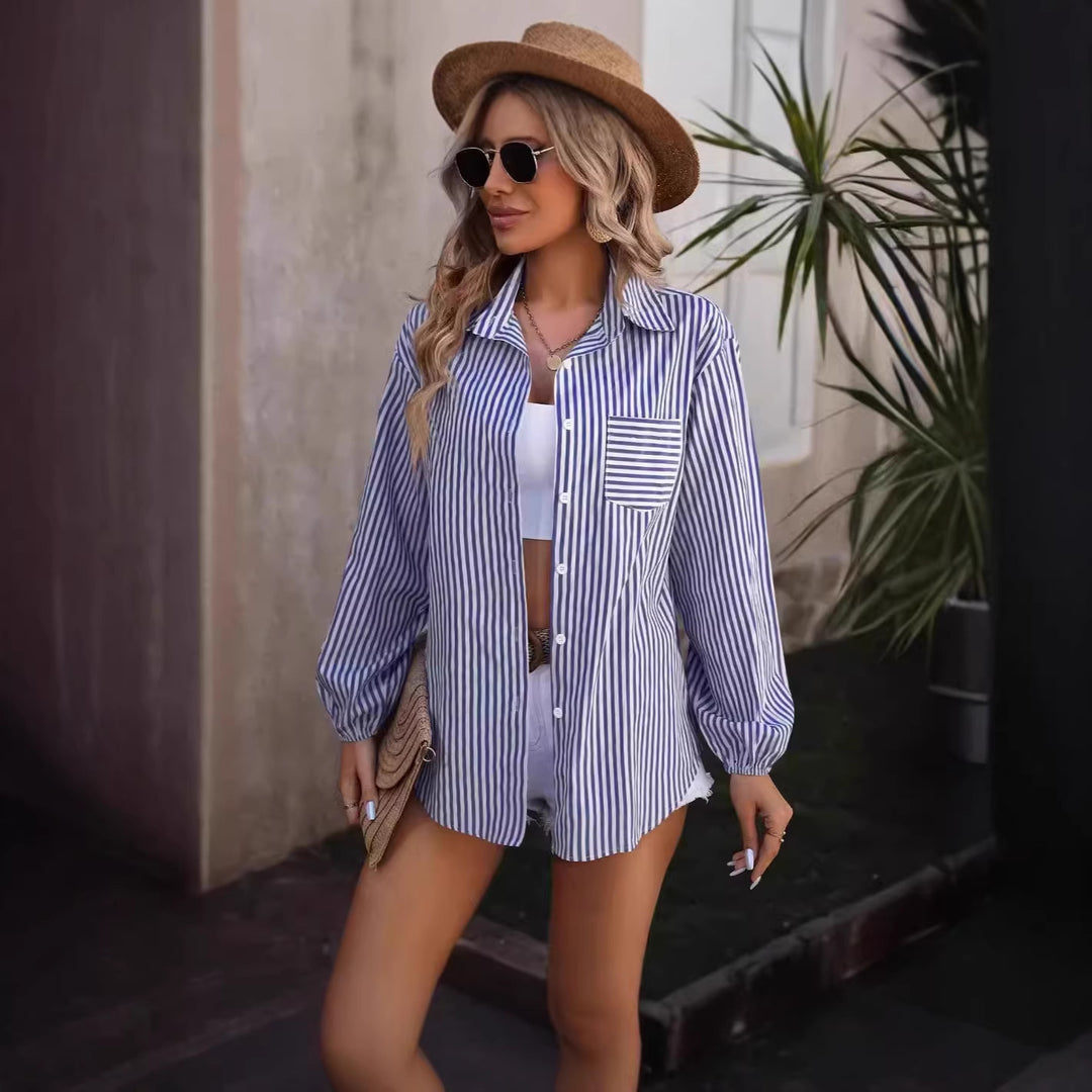 Damen Oversized Hemdbluse mit Streifen, Brusttasche und Ballonärmeln – Élovi