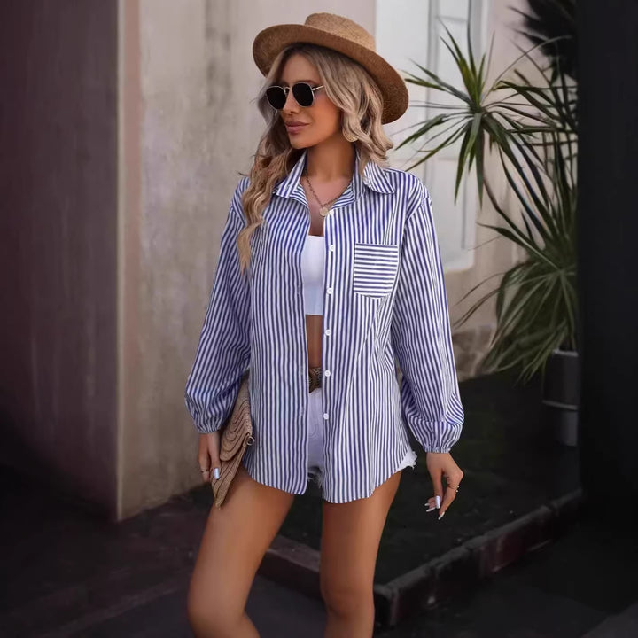 Damen Oversized Hemdbluse mit Streifen, Brusttasche und Ballonärmeln – Élovi