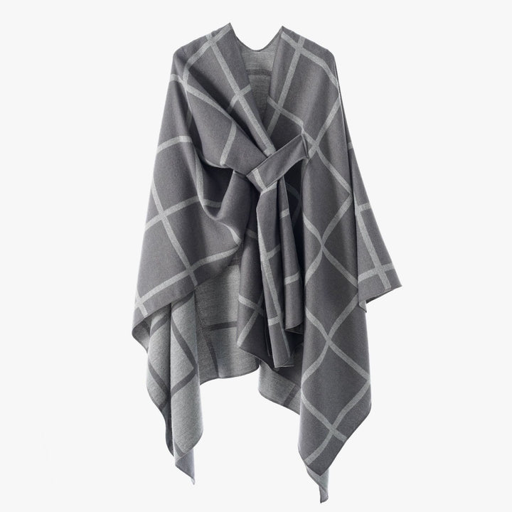 Damen Oversize Wollmix Poncho mit Gürtel und Karomuster Echo Archiv