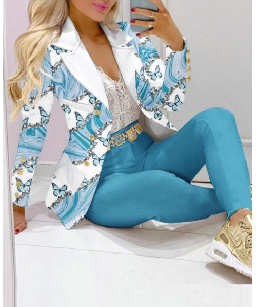 Damen Zweiteiliges Blazer-und-Hose-Set mit Schmetterlingsprint und glamourösem Glitzereffekt – Valéne