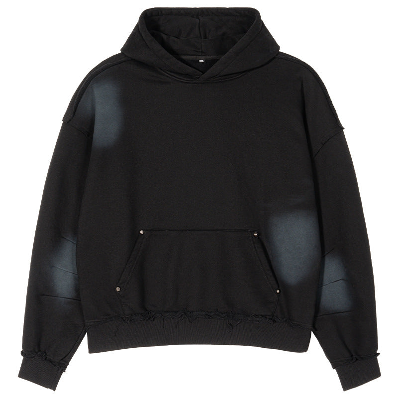 Herren Boxy-Kapuzenpullover mit abgenutztem Saum, Nieten-Kängurutasche und verwaschenem Fleckeneffekt Echo Archiv