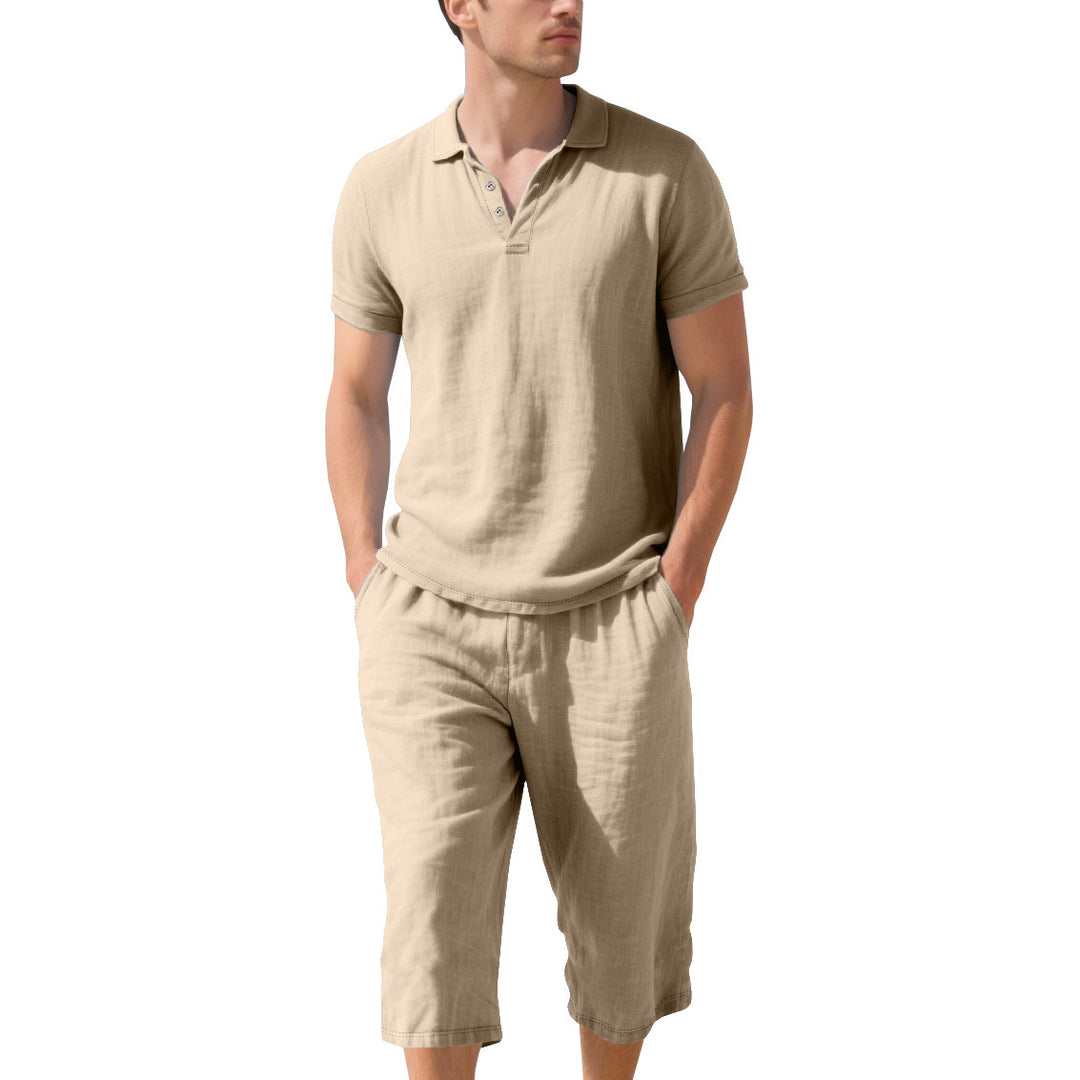 Herren lässiges Kurzarm-Polohemd mit elastischen Leinen-Shorts Echoarchiv