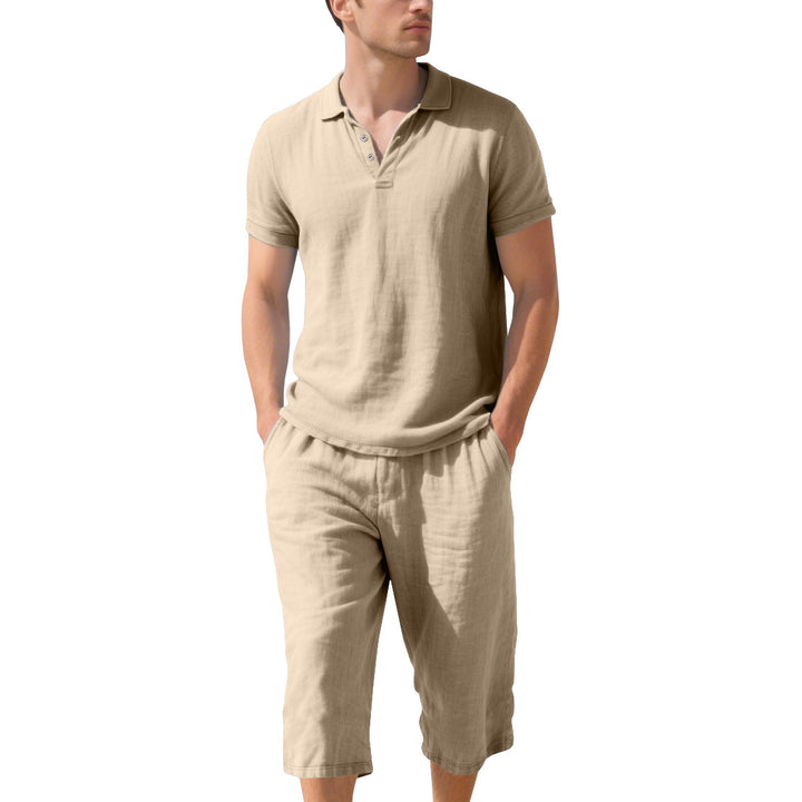 Herren lässiges Kurzarm-Polohemd mit elastischen Leinen-Shorts Echoarchiv