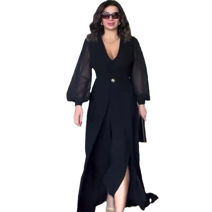 Damen nan elegantes Wickel-Maxikleid mit taillierter Drapage, transparenten Ballonärmeln und Zierknopf Echo Archiv