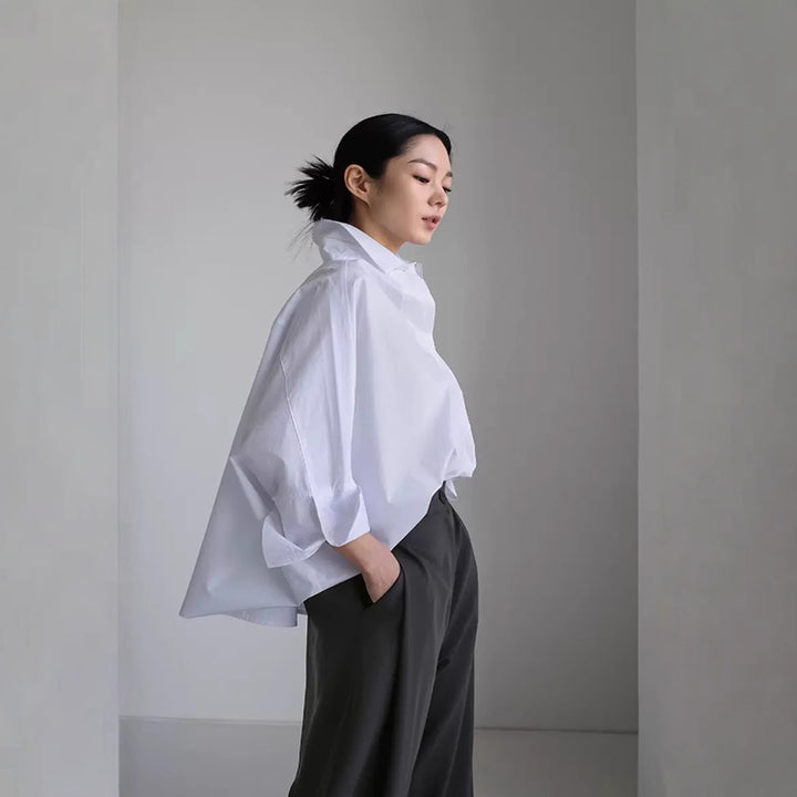 Damen Oversize-PopelinEchoarchivluse mit Fledermausärmeln und verdeckter Knopfleiste Echoarchiv