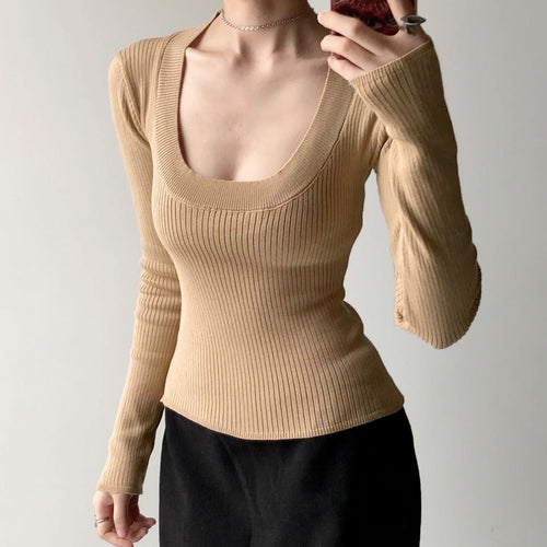 Damen Enganliegendes geripptes Langarmshirt mit tiefem U-Ausschnitt Echo Archiv