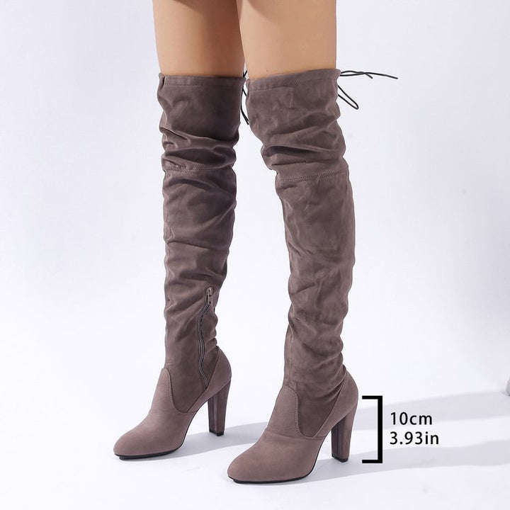 Damen Overknee-Stiefel aus Veloursleder mit hohem Blockabsatz und seitlichem Reißverschluss – Lioré