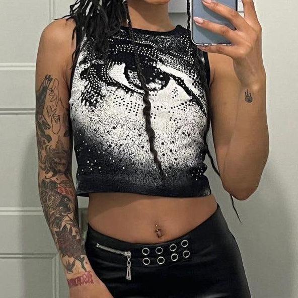 Damen Cropped Tanktop mit strahlendem Augenmotiv und glitzernden Akzenten Echo Archiv