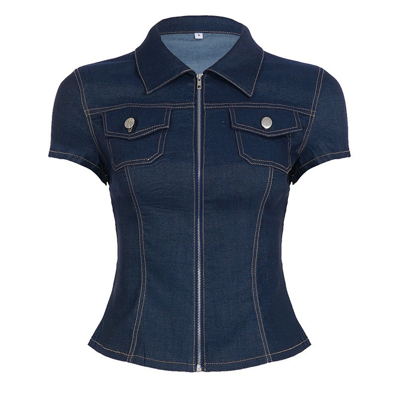 Damen Kurzarm Denim-Bluse mit modischer Zip-Detailierung und Brusttaschen Echo Archiv