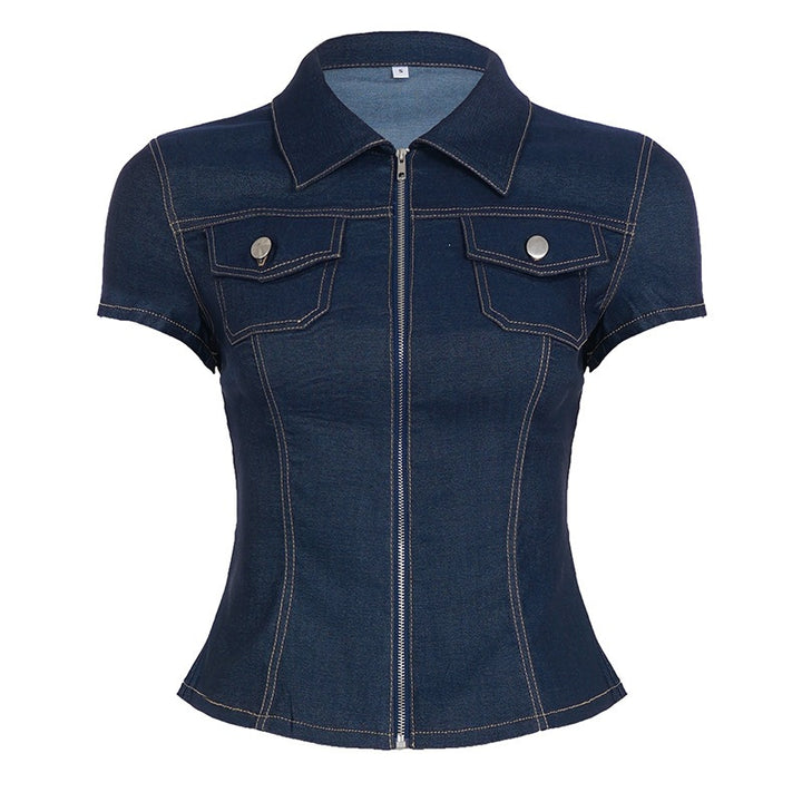 Damen Kurzarm Denim-Bluse mit modischer Zip-Detailierung und Brusttaschen Echo Archiv