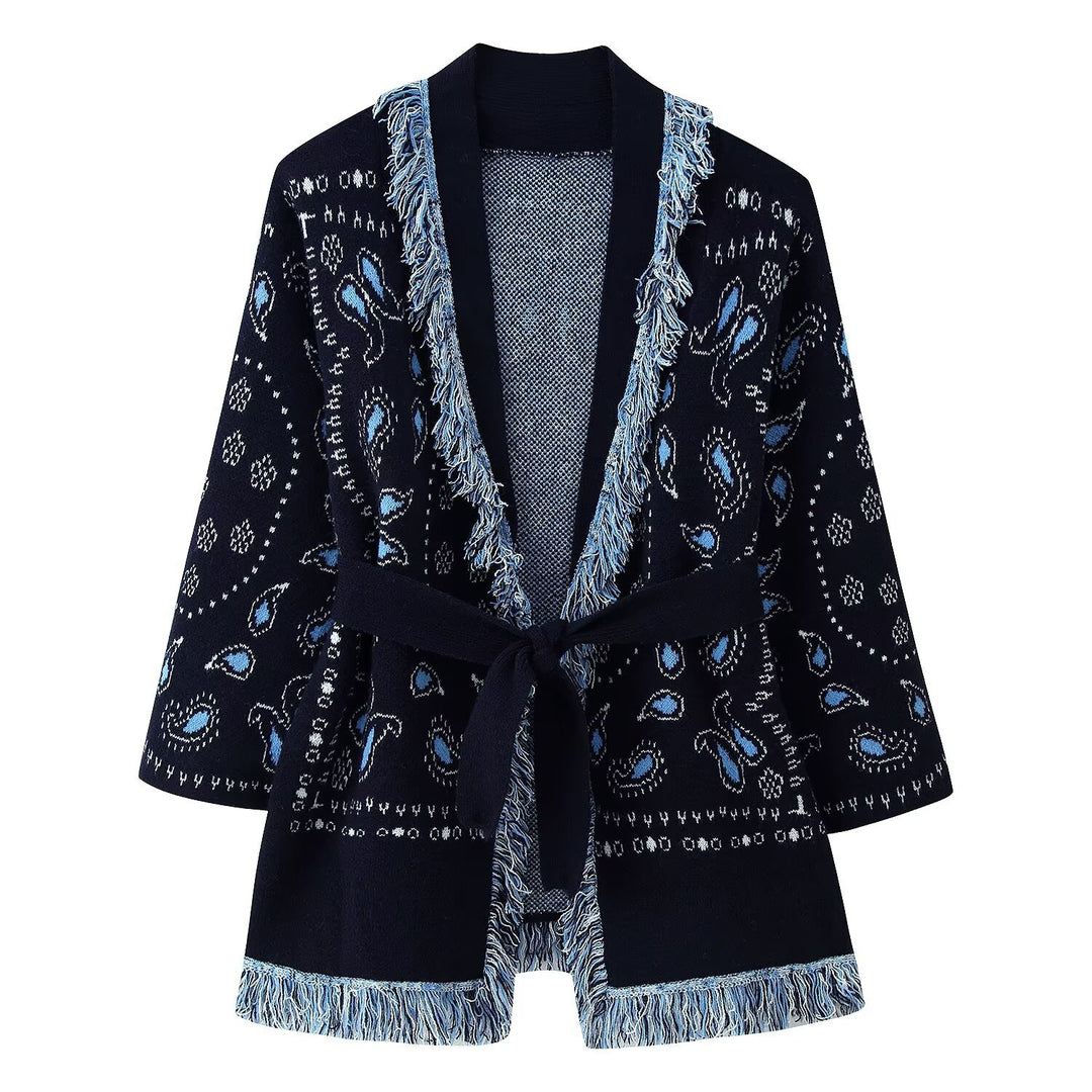Damen Fransen-Strickjacke mit Paisley-Jacquard, Taillengürtel und offener Kimono-Silhouette Echo Archiv