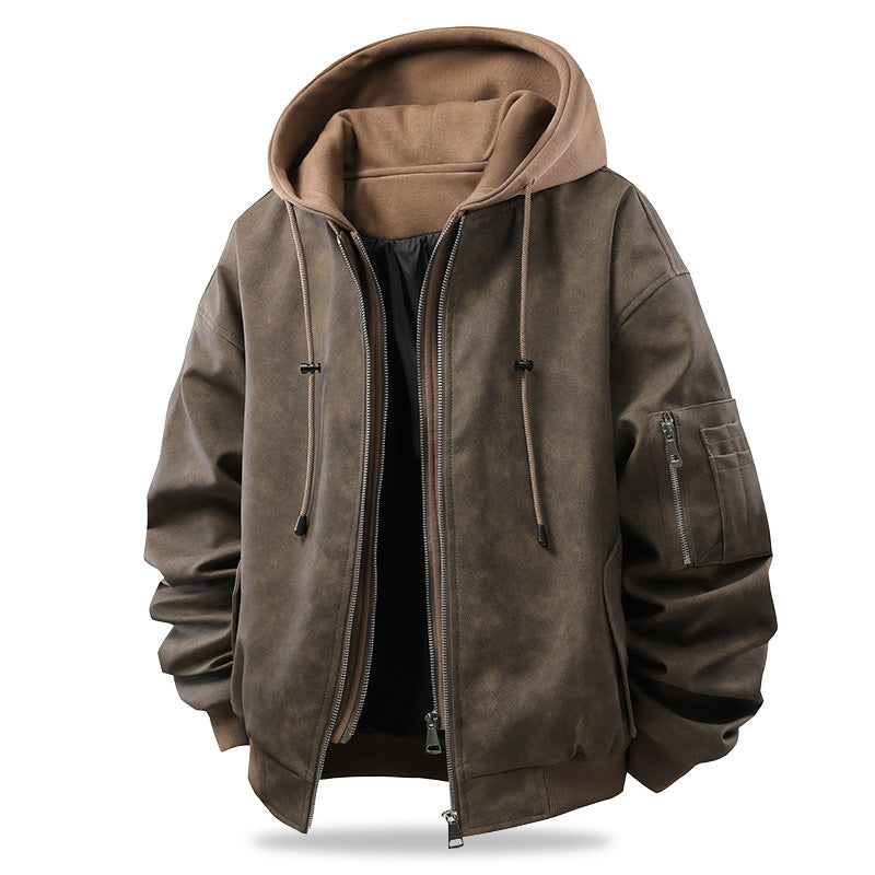 Herren Oversized Kunstleder-Bomberjacke mit Kapuze, Ärmeltasche und Reißverschluss Echo Archiv