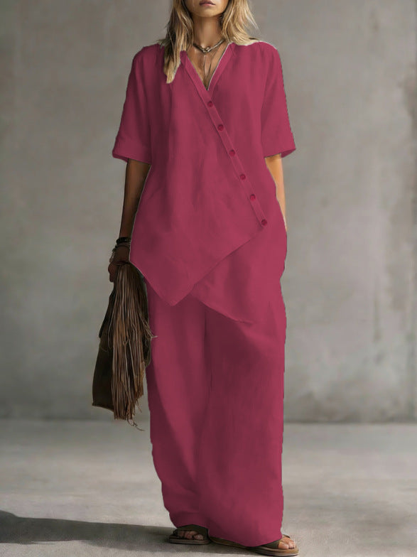 Damen Leinen-Zweiteiler mit asymmetrischer Knopfleiste und weiter Palazzo-Hose – Élanora