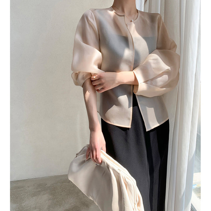Damen Transparente Bluse mit Puffärmeln Echoarchiv
