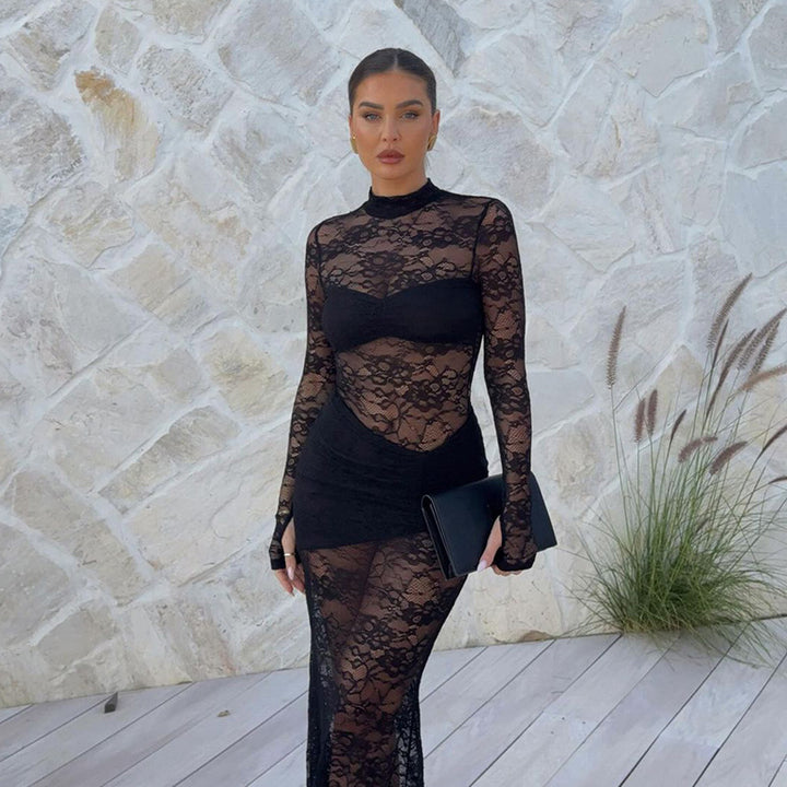 Damen Spitzenmaxikleid mit transparentem Langarmdesign und figurformendem Schnitt Echo Archiv