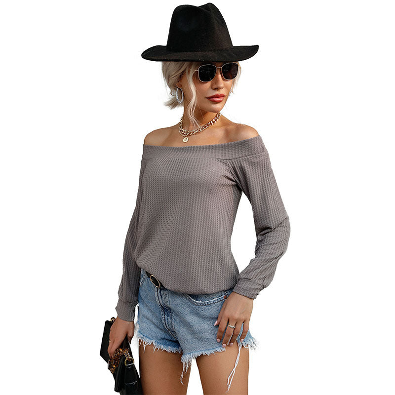 Damen Schulterfreies Waffelstrick-Top mit weitem Carmen-Ausschnitt und lockerer Passform Echoarchiv