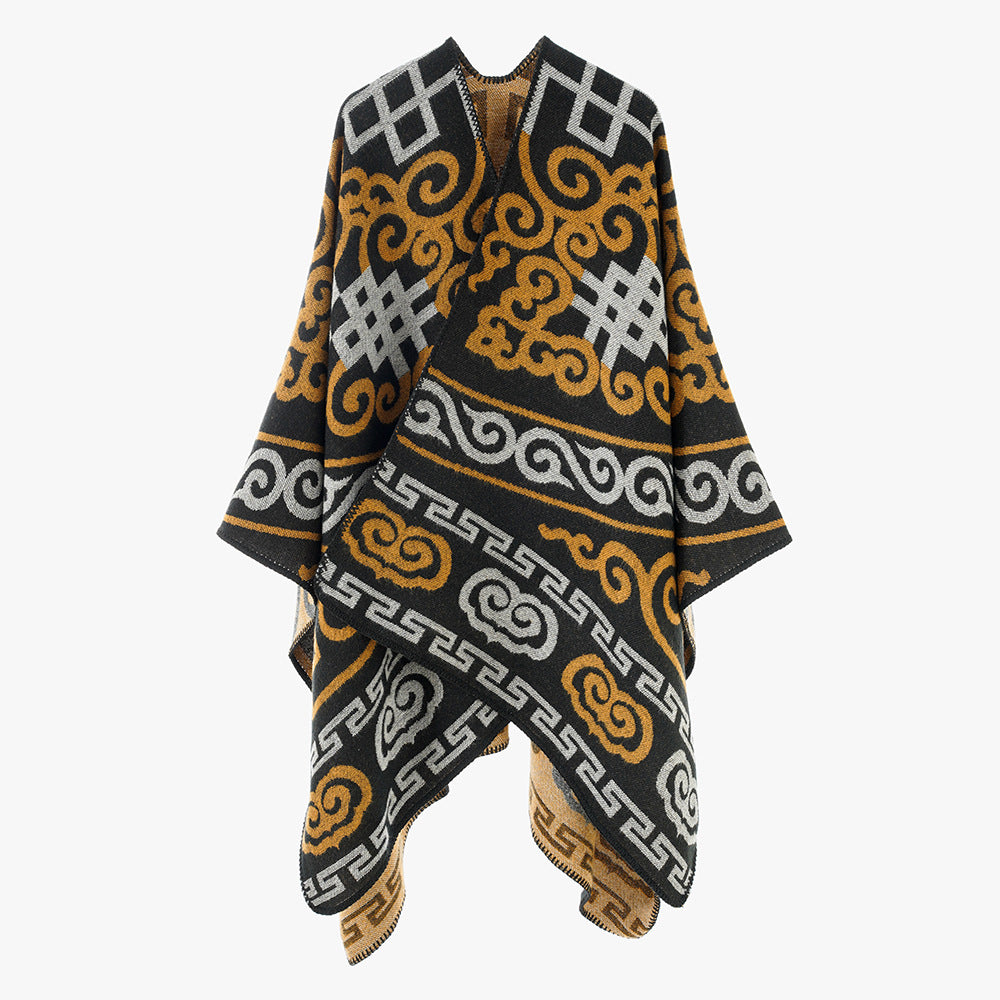 Damen Jacquard-Überwurf im Ruana-Stil mit ornamentaler Webstruktur – Avérine