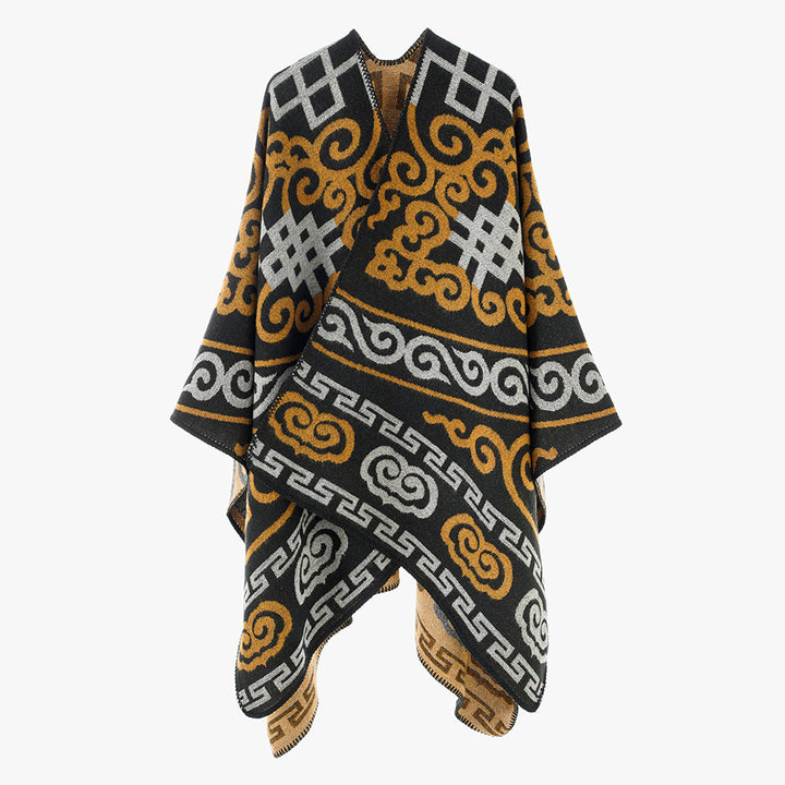 Damen Oversize-Jacquard-Umhang mit ethno-inspiriertem Ornamentmuster Echo Archiv