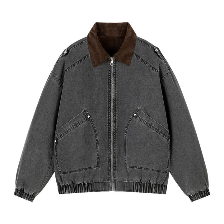 Herren Oversize Denim‑Bomberjacke mit Rippenkragen, elastischem Saum & schrägen Pattentaschen Echoarchiv