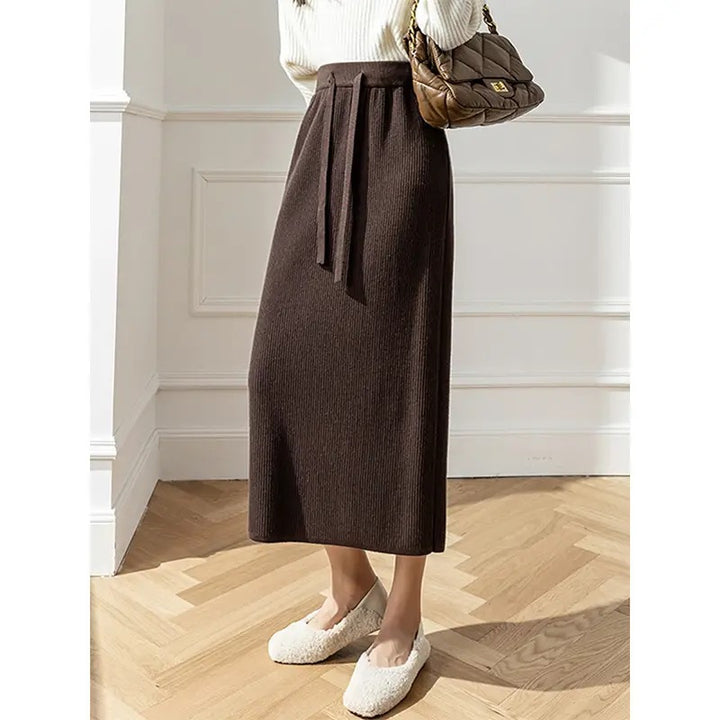 Damen Eleganter Rippstrick-Midirock mit Bindegürtel Echo Archiv
