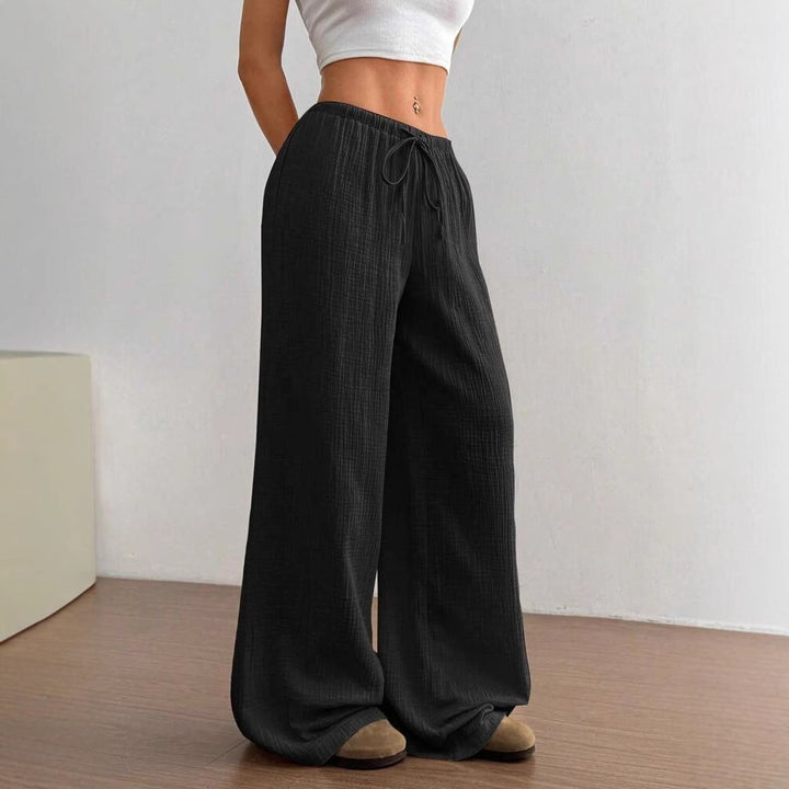 Damen weite Leinenoptik-Loungehose mit hohem Gummibund, Kordelzug & Crinkle-Struktur – Avérine