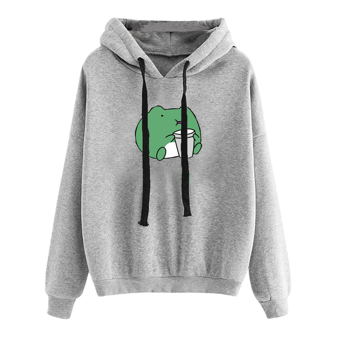 Damen kurz geschnittener Cropped-Kapuzenpullover mit niedlicher Frosch-Illustration und verstellbarer Kapuze – Auréline