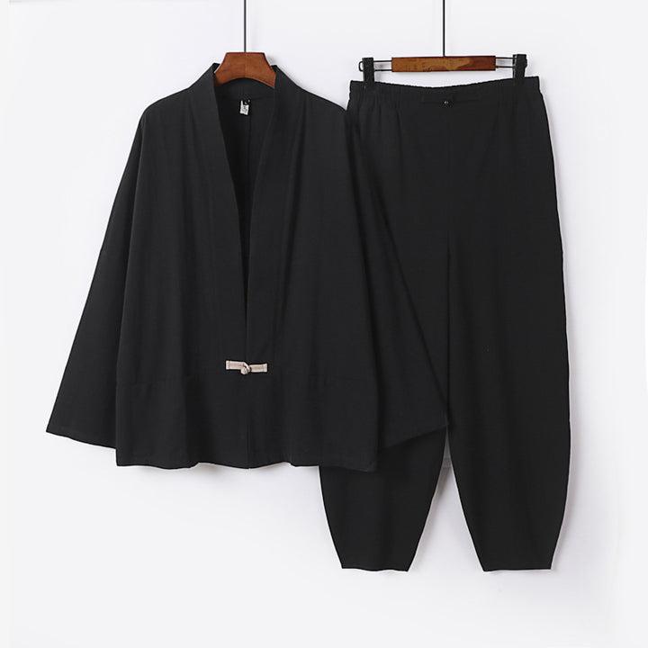 Herren Zen-Relax-Set mit offener Kimono-Jacke, dekorativem Knebelverschluss und tapered Harem-Joggpants Echoarchiv