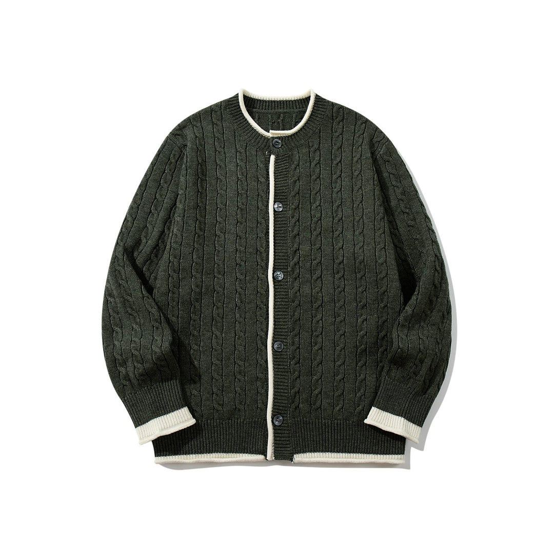 Unisex Kabelstrick-Cardigan mit Rundhals, kontrastierten Bündchen und durchgehender Knopfleiste Echoarchiv